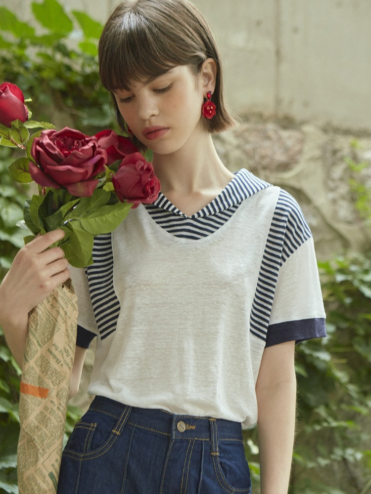 [LINE] Stripe Sailor Collar T-shirt