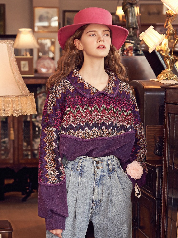 Collar Knit Pattern Sweatshirt_Purple