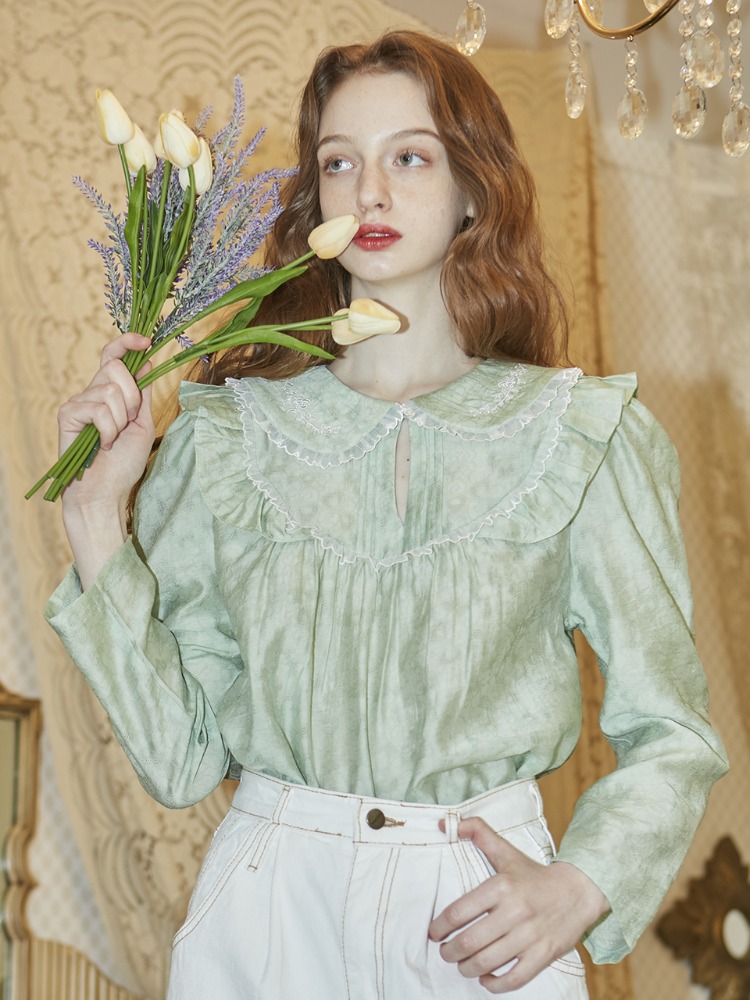 Flower Embroidered Pintuck Blouse (Yellow Green)