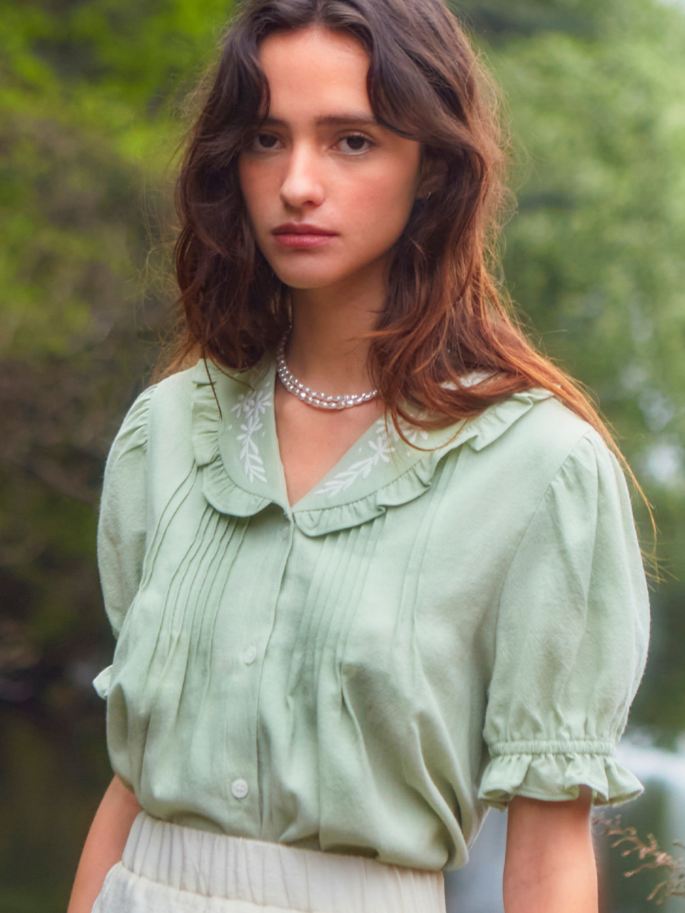 Embroidered Pintuck Puff Blouse (Green)