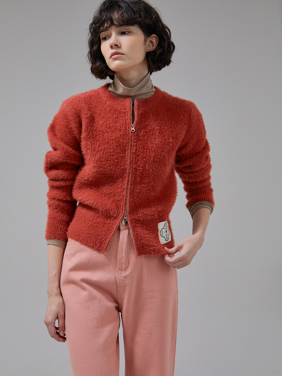 [송해나 착용][LINE] Mohair Wool Blend Knit Zip-Up (Red Orange)